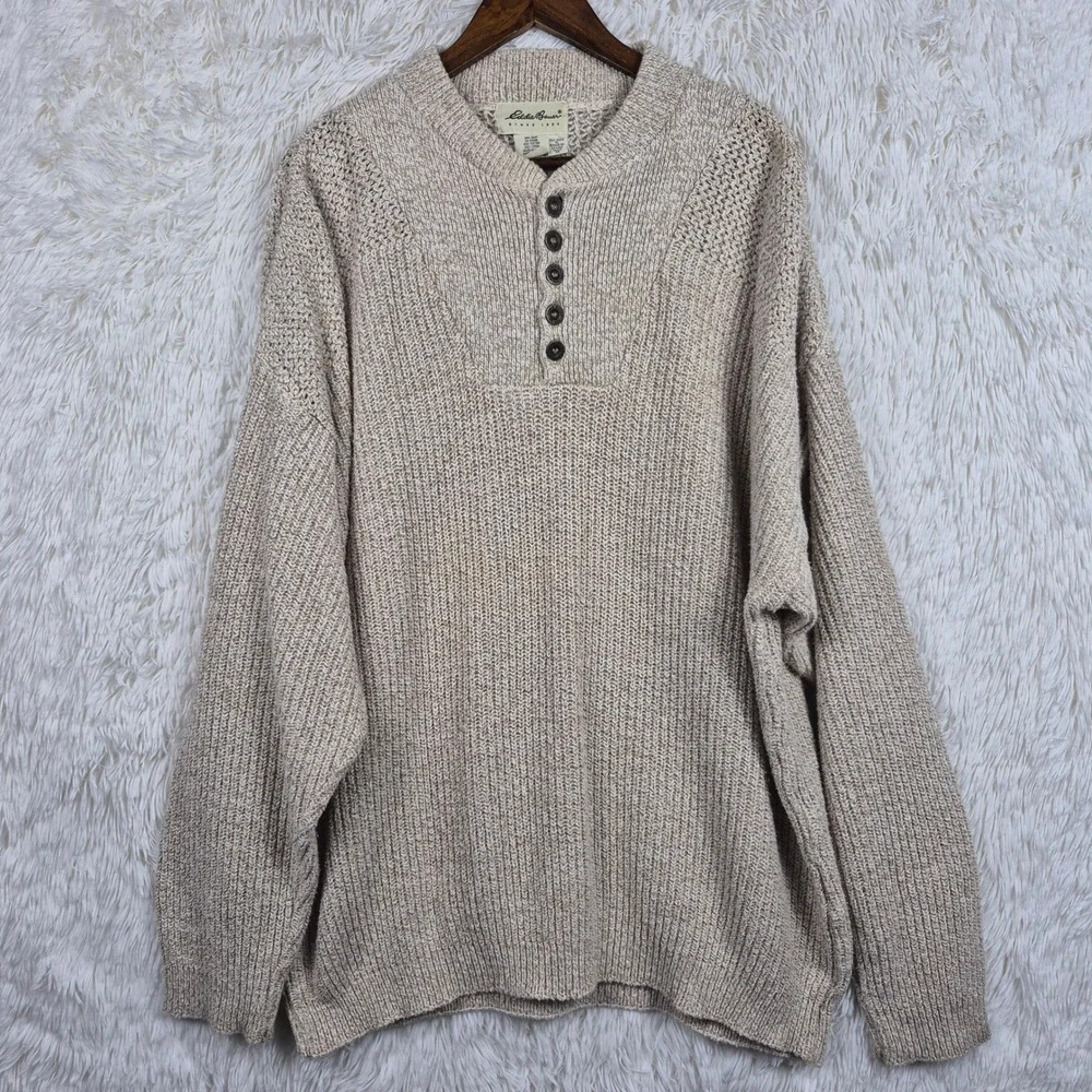 Vintage Eddie Bauer Mens XL Tall Henley Sweater Cotton Knit Tan Made in USA